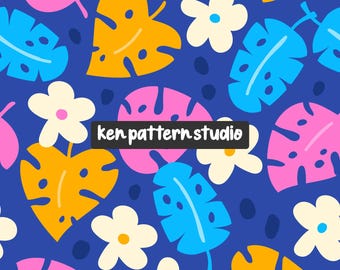 Blauw tropisch naadloos patroon – digitaal zomerpapier.