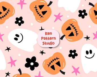 Pumpkin Ghost Seamless Pattern Floral Pumpkin Seamless File Halloween Ghost Digital Pattern