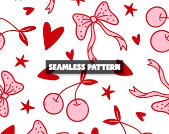 Coquette Valentines Seamless Pattern Cherry Bows Seamless File For Fabric.
