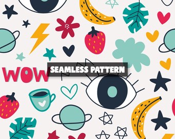 Naadloze ogenpatroon, bananen, aardbei, zomer digitaal papier.