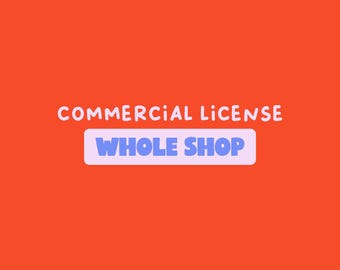 Puede incluir: Un gráfico de color naranja brillante que presenta el texto blanco COMMERCIAL LICENSE centrado en la parte superior. Debajo, un recuadro rectangular de color violeta claro contiene el texto azul WHOLE SHOP en una fuente sans-serif.