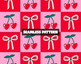 Checkered Cherry Seamless Pattern, Pink Red Design (Digital)