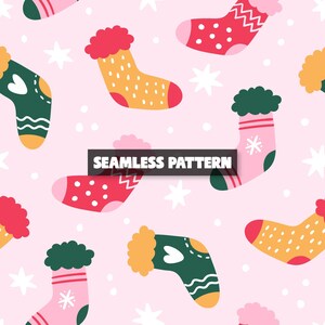 Peut inclure: Motif sans couture avec des chaussettes colorées roses, vertes, jaunes et rouges, ornées de points, de zigzags et d'étoiles. Le texte "SEAMLESS PATTERN" est affiché sur une bannière noire.