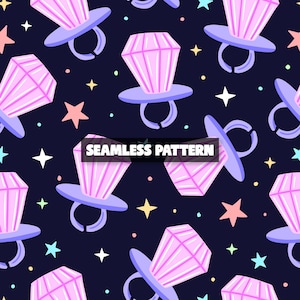 May include: Seamless pattern featuring large pink diamond ring candies with a purple base and ring. The design includes colorful stars and the text "SEAMLESS PATTERN" on a dark blue background.