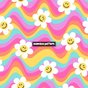 Smiley Daisy Groovy Seamless Pattern, Retro Floral File