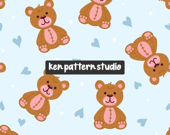 Schattige teddybeer naadloze patroon, blauwe harten achtergrond, babyjongen kwekerij digitaal papier.