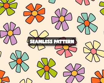 Retro Floral Seamless Pattern, Colorful Repeat Design (Digital)