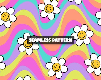 Naadloze patroon met Groovy Daisy Smile (digitaal bestand)
