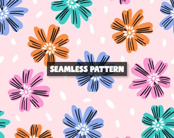Könnte beinhalten: Ein nahtloses Muster mit bunten Blumen in Blau, Orange, Rosa und Türkis, mit schwarzen Umrissen und weißen Zentren. Die Blumen sind auf einem hellrosa Hintergrund mit weißen Tupfen angeordnet. Der Text "SEAMLESS PATTERN" wird in einem schwarzen Rechteck angezeigt.