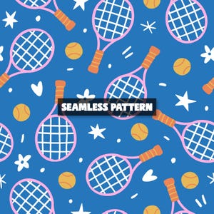 May include: Seamless pattern featuring pink tennis rackets, yellow tennis balls, white stars, and flowers on a blue background. The text "SEAMLESS PATTERN" is displayed in a black rectangle.