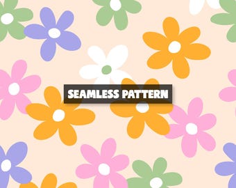 May include: A seamless pattern featuring a repeating design of colorful flowers in shades of orange, pink, green, white, and purple. The flowers have a simple, rounded petal shape and are set against a light peach background. The text "SEAMLESS PATTERN" is displayed in a black rectangle.