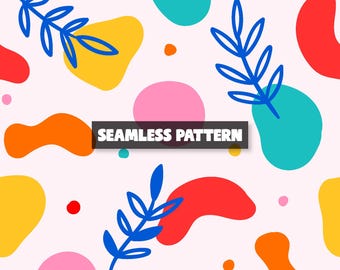 May include: A seamless pattern design featuring colorful abstract shapes and blue leaf-like elements on a light pink background. The design includes orange, yellow, red, and teal shapes, with the text "SEAMLESS PATTERN".