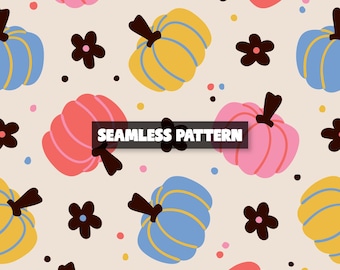 Floral Pumpkin Seamless Pattern, Colorful Fall Design (Digital Download)