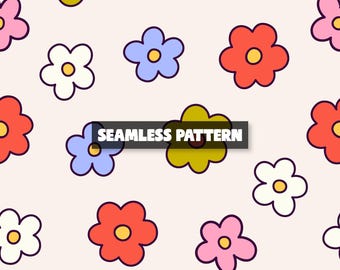 Retro 70s Floral Pattern, Colorful Flower Power Fabric Design (Digital Download)