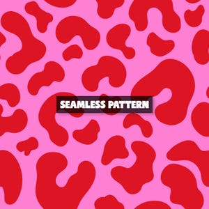 May include: Seamless pattern featuring large, irregular red shapes against a pink background. The design has a bold, abstract aesthetic. The words "SEAMLESS PATTERN" are displayed in a white font on a black rectangle.