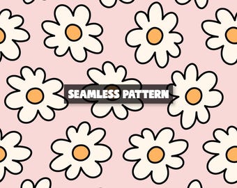 May include: A seamless pattern featuring repeating white daisy flowers with orange centers on a light pink background. A dark rectangular banner is overlaid in the center with the white text SEAMLESS PATTERN printed in a bold sans-serif font.