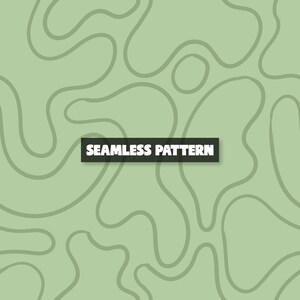 Może przedstawiać: Bezszwowy wzór z jasnym zielonym tłem i płynącymi, organicznymi kształtami w ciemniejszym odcieniu zieleni. Tekst "SEAMLESS PATTERN" jest wyświetlany w kolorze białym na czarnym prostokątnym banerze.
