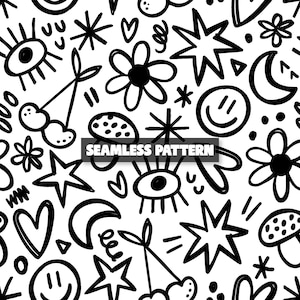 May include: Black and white seamless pattern featuring hand-drawn doodles. The design includes stars, flowers, hearts, cherries, mushrooms, smiley faces, and eyes. The words "SEAMLESS PATTERN" are in a black rectangle.