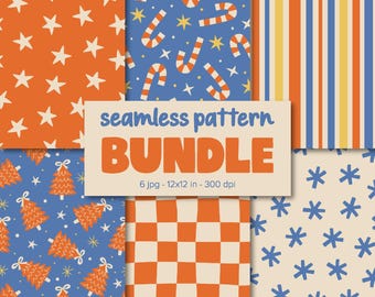 Naadloze kerstpatroonbundel, retro digitaal vakantiepapier, snoepgoed en sterpatronen.