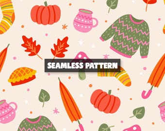 Fall Seamless Pattern: Pumpkins, Sweaters, Leaves (Digital File)