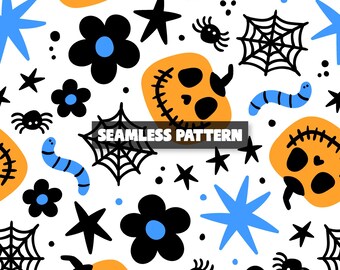 Floral Halloween Seamless Pattern, Pumpkin Spider Design (Digital Download)