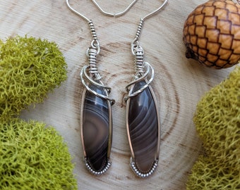 Botswana Agate Oval - Solid 0.925 Sterling Silver Wire Wrapped Earrings