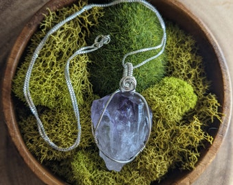 Raw Amethyst Crystal Point - Solid 0.925 Sterling Silver Wire Wrapped Pendant/Necklace