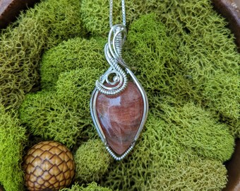 Peach Sunstone Teardrop -  Solid 0.925 Sterling Silver Wire Wrapped Pendant/Necklace