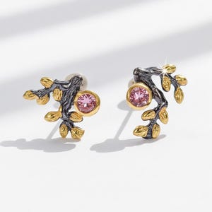 Pendientes de plata 925 con granate, delicados pendientes de botón con forma de rama, joyería femenina.