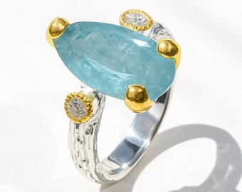 925 silver blue kyanite ring, pear gemstone branch textured statement jewelry
