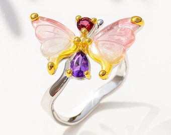 925 silver bicolor tourmaline ring, October Birthstone butterfly carved gemstone