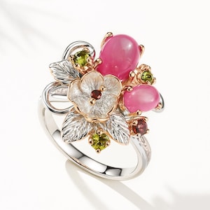 925ピンクルビーフラワーリング、女性用、天然宝石、自然にインスパイアされた枝葉ファンタジージュエリー