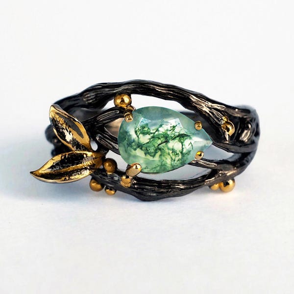 Ring 925 mosagaat, zwarte tak 2 bladeren peergroene edelsteen verlovingsbelofte sieraden