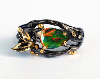 925 silver black opal ring, October birthstone pear gemstone nature inspired leaf branch jewelry
