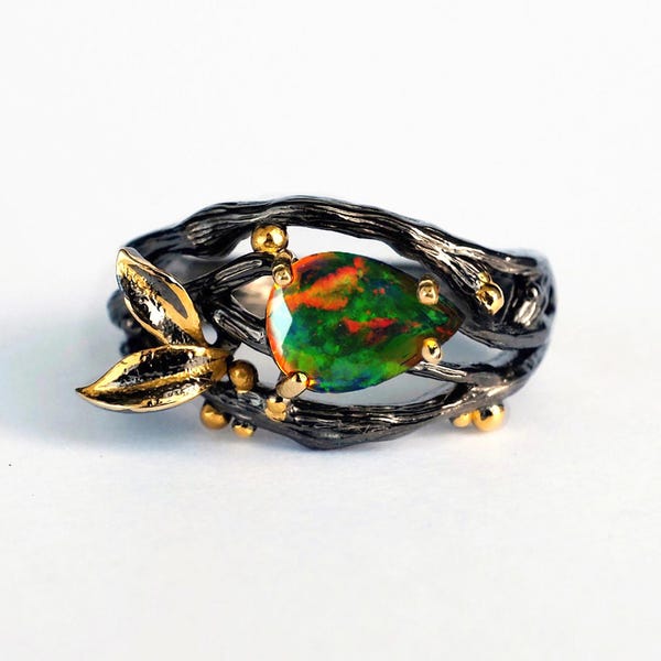 Bague opale noire en argent 925, pierre de naissance d'octobre poire, pierre précieuse inspirée de la nature, bijoux de branche de feuille