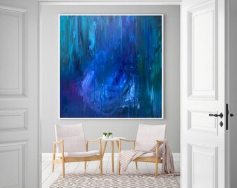 PRINT from original Blue light winter cave night abstract painting, acrylic on canvas, modern interior wall decor, valentines gift, office
