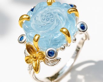 Blue aquamarine ring for women, carved rose in natural gemstone, girlfriend gift for her, mother wife, anniversary birthday, Christmas