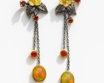 Flower rainbow opal earrings for women, carnelian nature dangle black, October birthstone gemstone jewelry her, anniversary gift