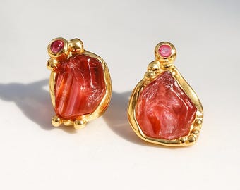 Raw pink tourmaline and garnet earrings for women, silver gold rough gemstone jewelry everyday stud, birthday gift mom wife mother