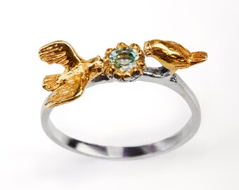 Aquamarine Bird Ring for Women, 14K Gold Nature Inspired Jewelry, Toi et Moi March Birthstone Gift