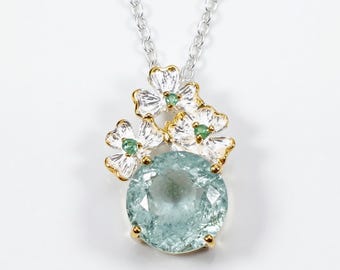 925 silver aquamarine necklace, nature flower botanical handmade blue gemstone jewelry