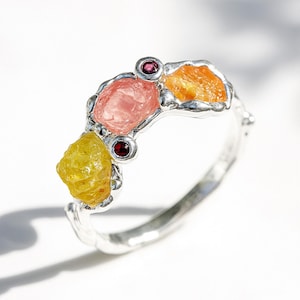 925 silver raw pink orange ruby ring, organic earthy colorful pastel delicate stacking band