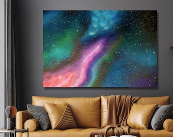Stars Space PRINT from original painting, blue pink acrylic on canvas, cosmos large modern wall decor wedding, office entryway art
