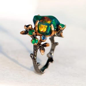 925 silver Raw black opal ring, nature inspired branch leaf October birthstone gemstone jewelry