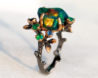 925 silver Raw black opal ring, nature inspired branch leaf October birthstone gemstone jewelry