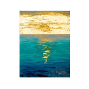 Sunrise gold leaf original paiting acrylic, Turquoise water deep blue golden sun, ocean painting Valentines day gift mom, sister, wife image 3