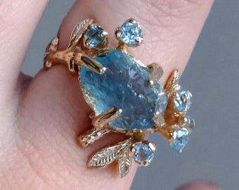 14K yellow gold raw blue aquamarine ring for women, March birthstone gemstone 925 silver branch leaf engagement, Mother&#39;s day gift mom wife