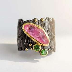 925 silver raw pink ruby ring, July birthstone uncut black organic statement jewelry