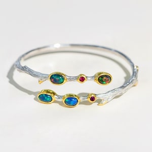 925 silverarmband med svart opal, handgjort armband med öppen manschett, gren och natursmycken
