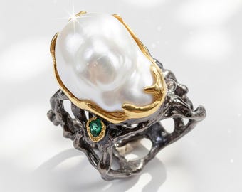 925er Silber Barockperlenring, Juni Geburtsstein Edelstein Statement Goth Organic Schmuck